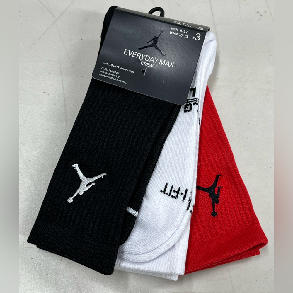 Nike Jordan Jumpman Dri-Fit Crew Socks 3 Pack Multi Pack LARGE NWT